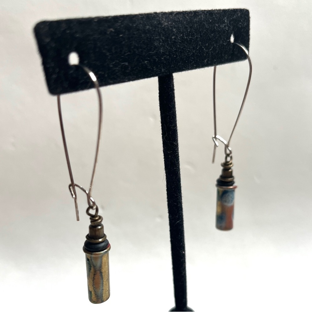 Elegant Multicolor Drop Earrings- stone & brass w/subtle blue/gold/red pattern